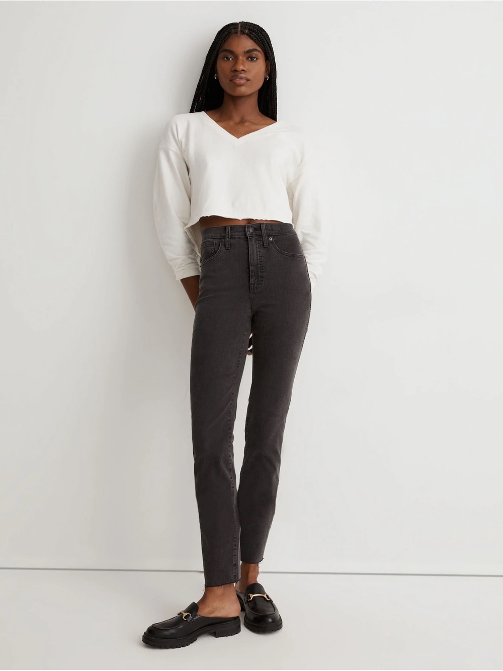 Madewell High Rise Stovepipe Jeans in Charcoal with Raw Edge Hem